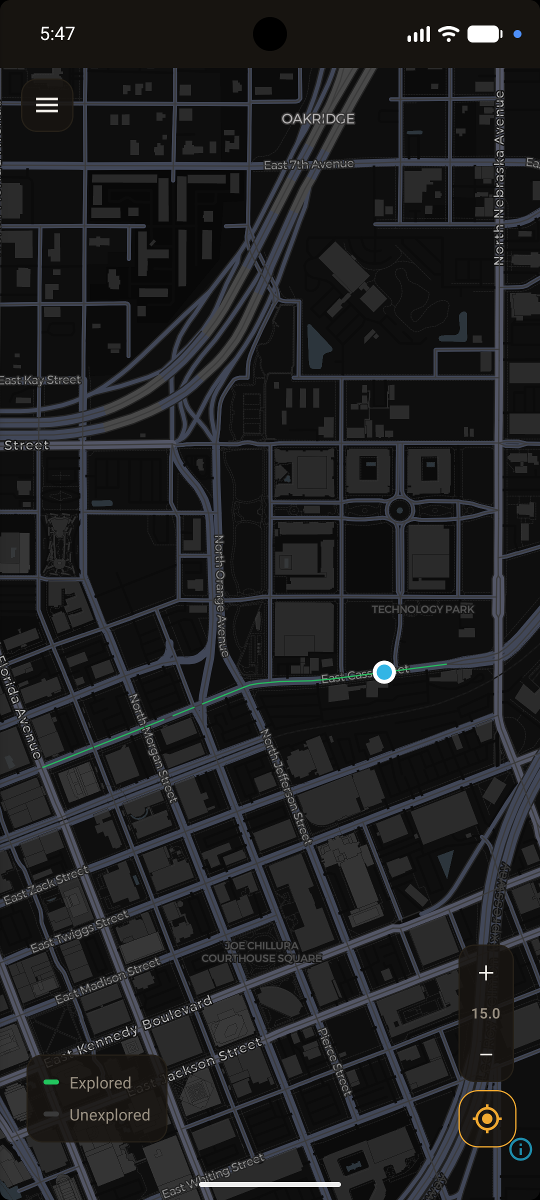 Explore Every Road, street level: One road matched, downtown Tampa.