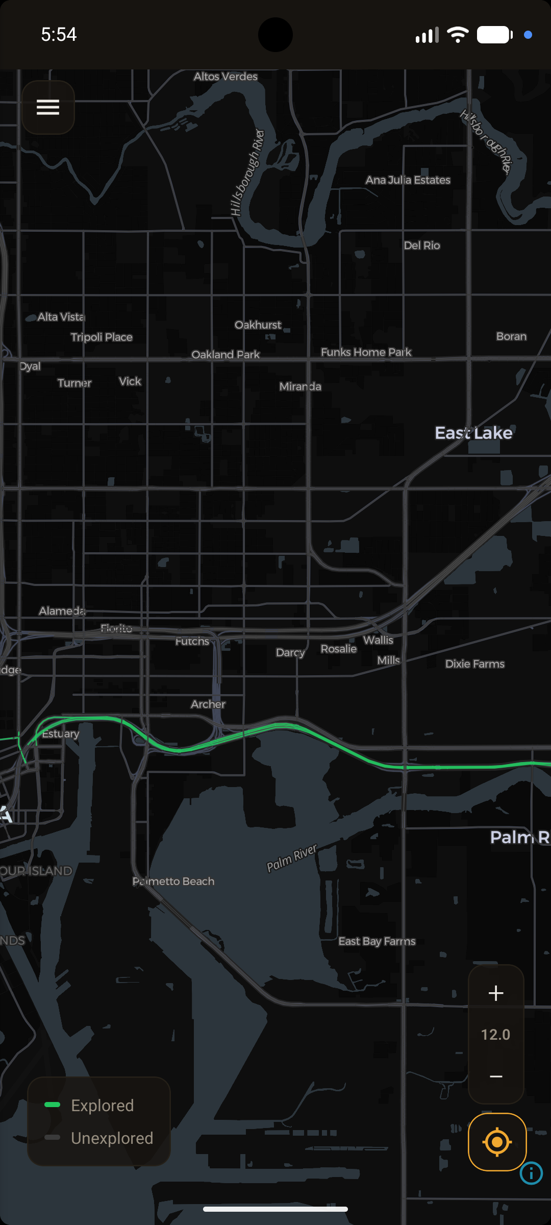 Explore Every Road, zoomed out: The trail stretches across Palm River.
