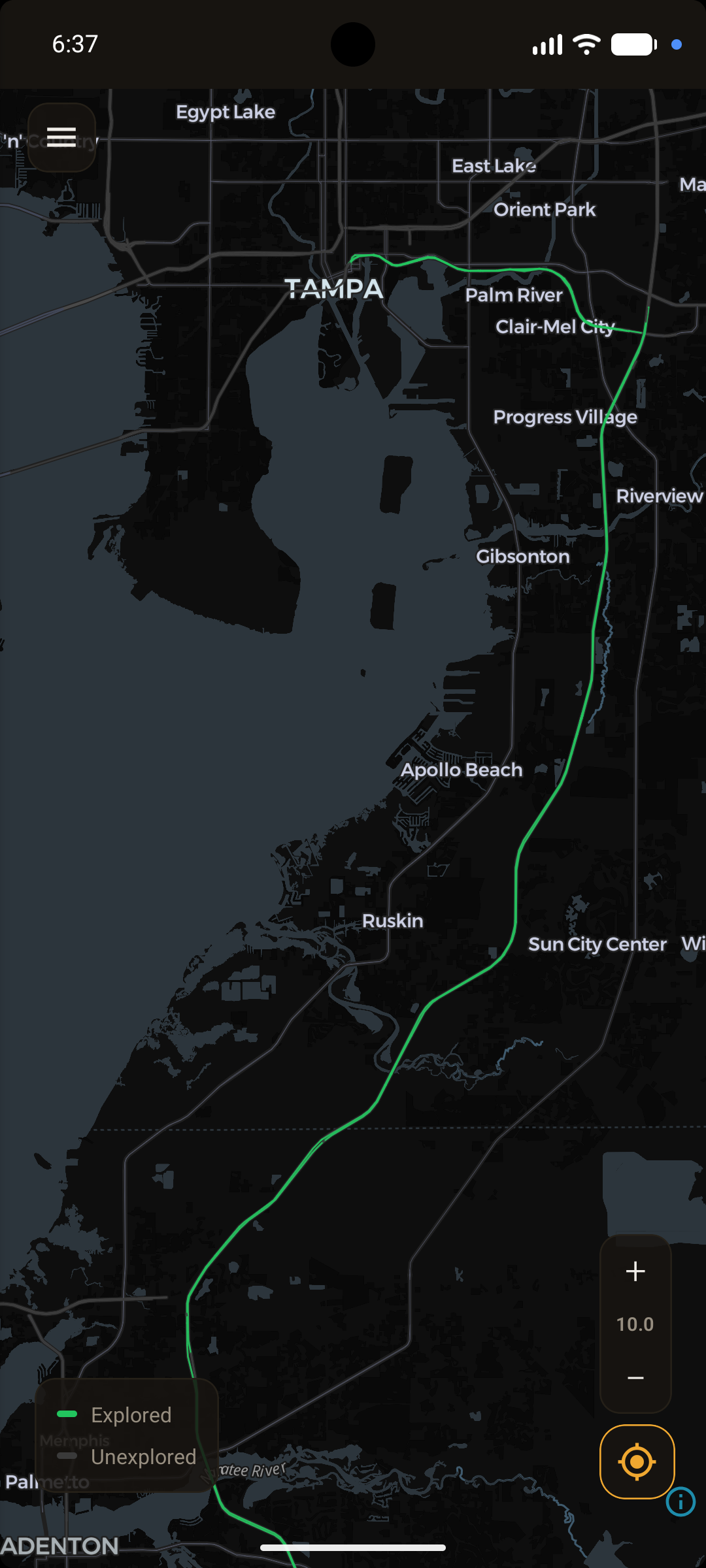 Explore Every Road, region wide: Tampa to Bradenton, all of it green.